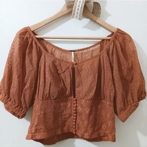 ↠ Free People Rose Rust Button Front Sheer Swiss Dot Puff Sleeve Top
